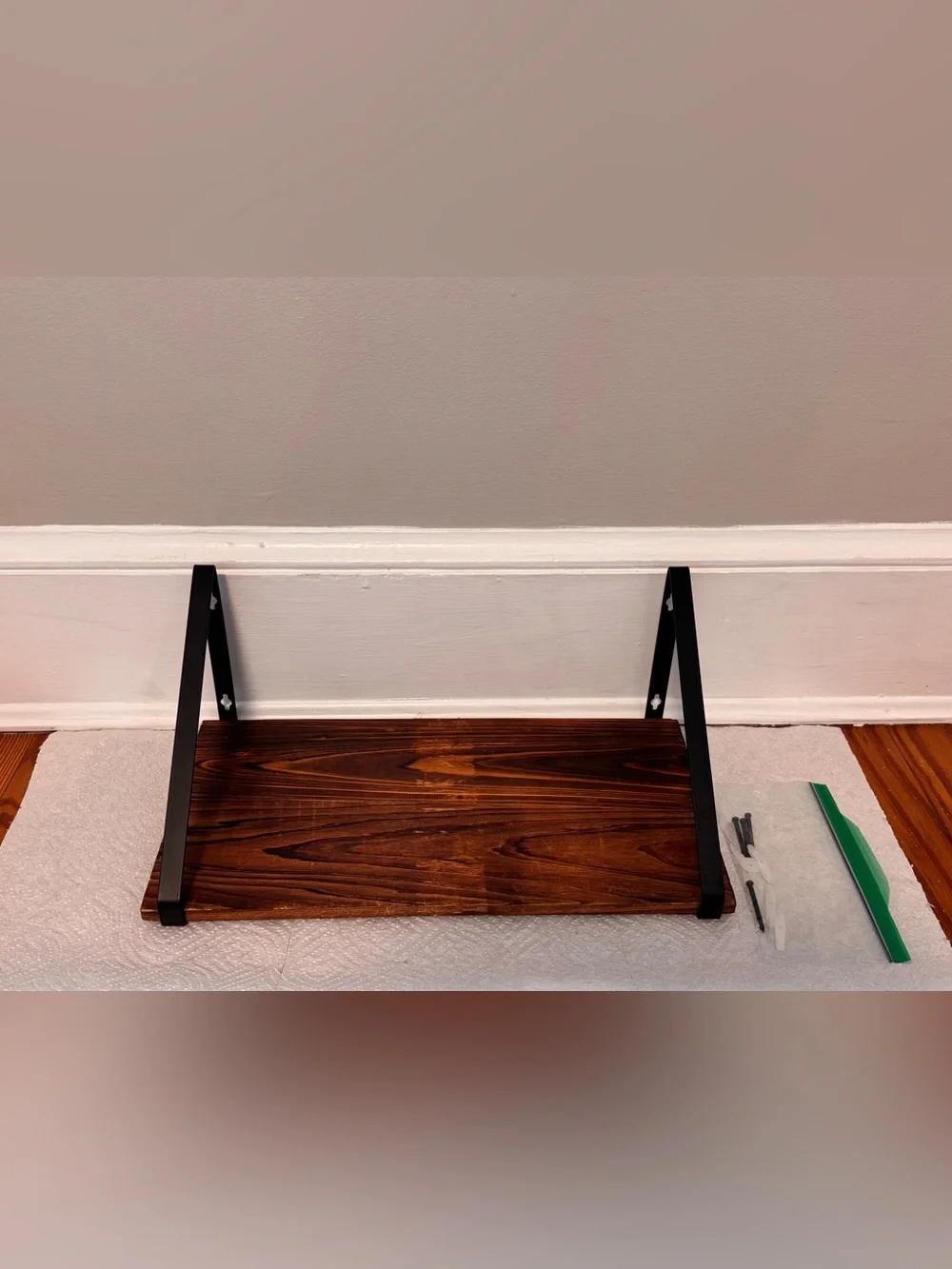 Rustic Dark Wood Floating Shelf with Black Brackets